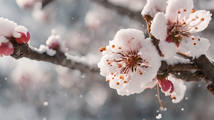 4K冬季雪中雪景梅花鲜花2