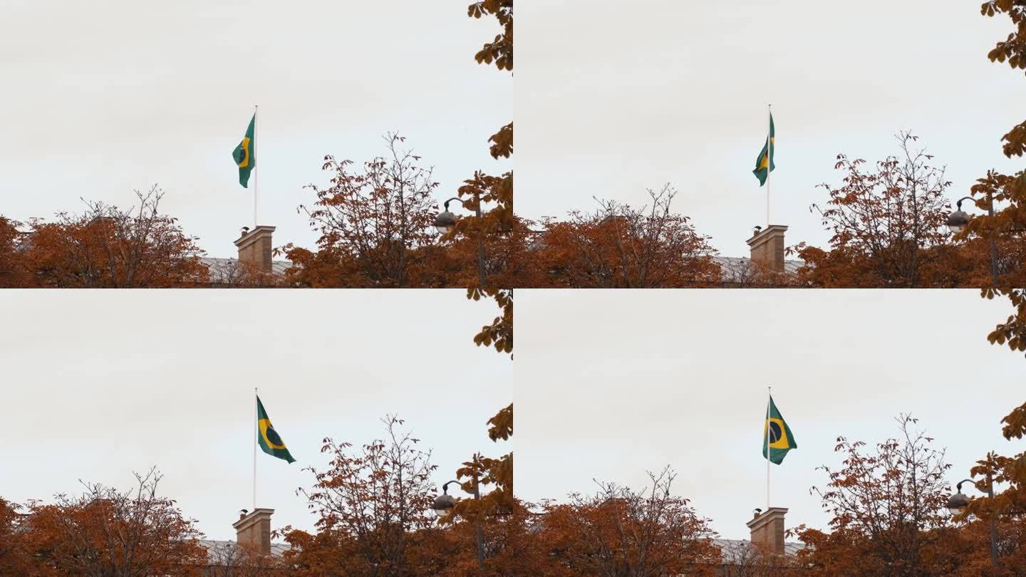 巴西国旗在风中飘扬的画面。