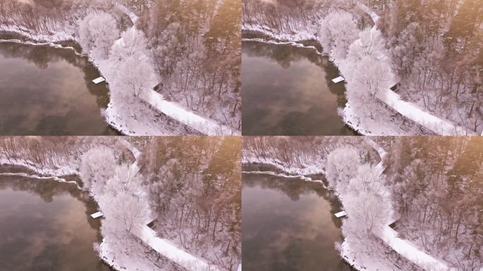 东北本溪水洞冬季雾凇树挂洁白唯美雪景航拍