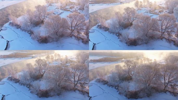 东北冬季雾凇树挂洁白唯美雪景航拍