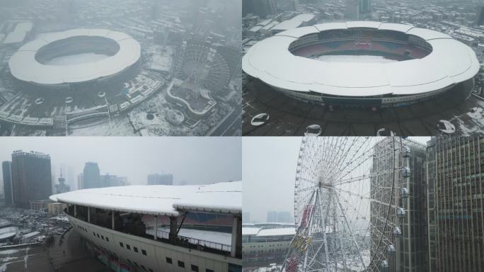 4K航拍长沙雪景贺龙体育馆雪景合集