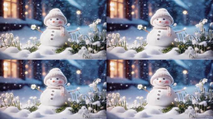 4K卡通动漫雪人冬天冬季下雪飘雪唯美背景