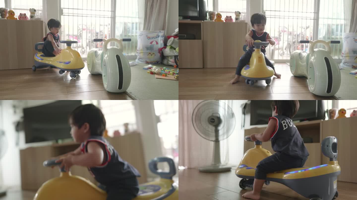 快乐的亚洲男孩在玩玩具车。有趣的骑。
