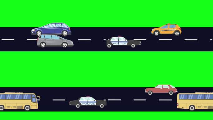 路上奔跑的汽车，绿色屏幕背景上的卡通动画
