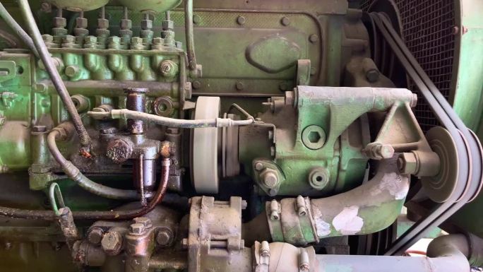机器运转时转动的机器部件。工作中的柴油机又旧又脏。旧的发电机。