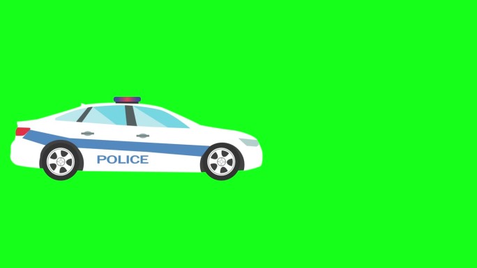卡通平面设计警车在绿色屏幕背景上运行，图形来源