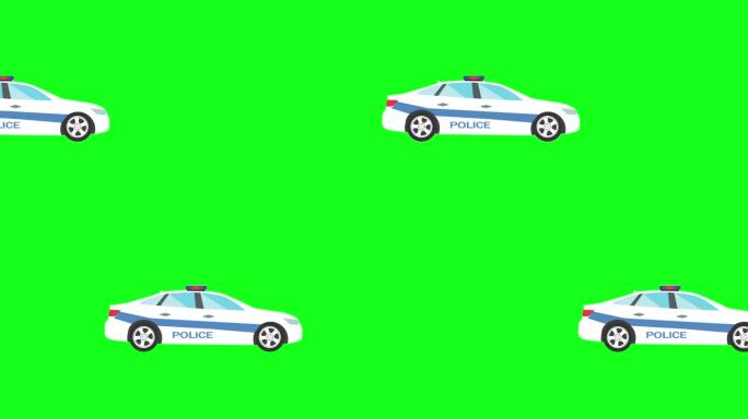 卡通平面设计警车在绿色屏幕背景上运行，图形来源
