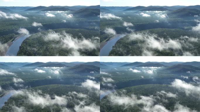 夏季森林河流云海云雾自然风光