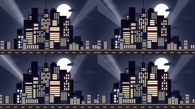 夜晚城市天际线的2d静态场景，用聚光灯照亮建筑物