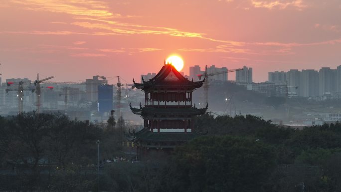 航拍江西赣州八镜台日落