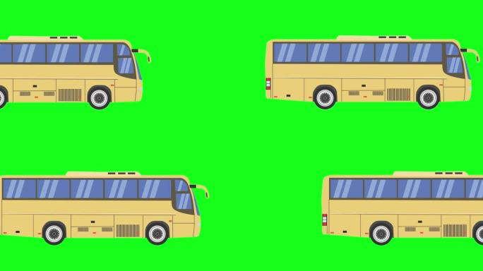 运行公交车动画，绿色屏幕上的平面卡通