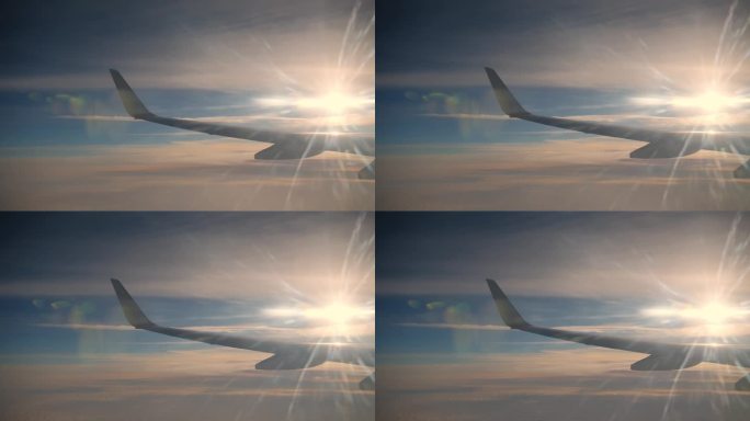 机翼，蓝天白云，白天从飞机舷窗看出去