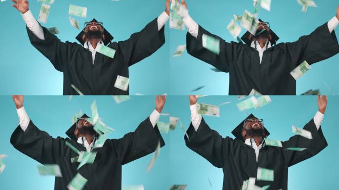 现金雨，黑人男子和毕业生在蓝色背景的工作室里对金钱，赠品或财务自由感到满意。庆祝，学生和兴奋的成功，
