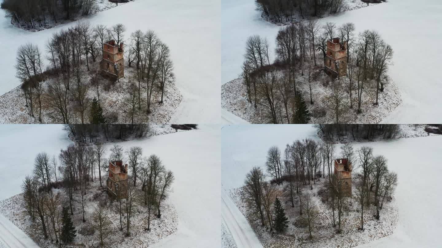 鸟瞰图，在下雪的冬天，古老的教堂塔楼仍在树林中