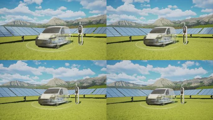 电动卡车在带有太阳能电池板的电动汽车充电站充电- 4K分辨率
