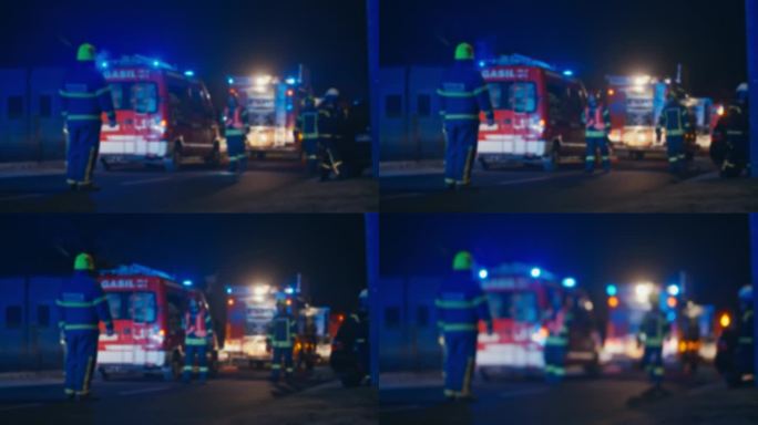 消防及医护人员夜间在交通意外现场工作