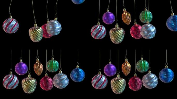 各式各样的多色圣诞树装饰品在金链子上落下和悬挂。透明背景上的4K动画