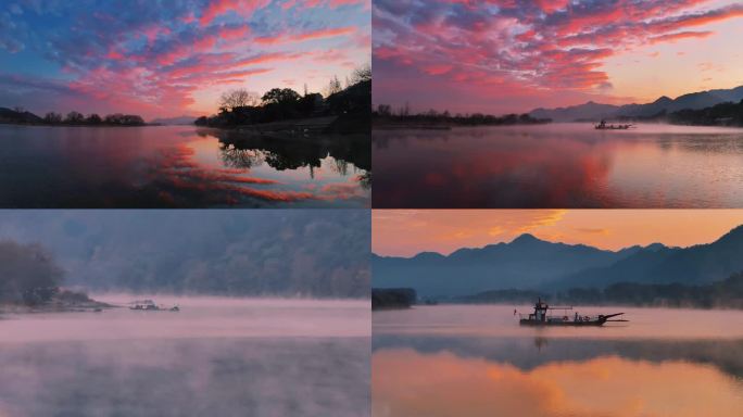 朝霞水雾中江南水乡美景4k视频