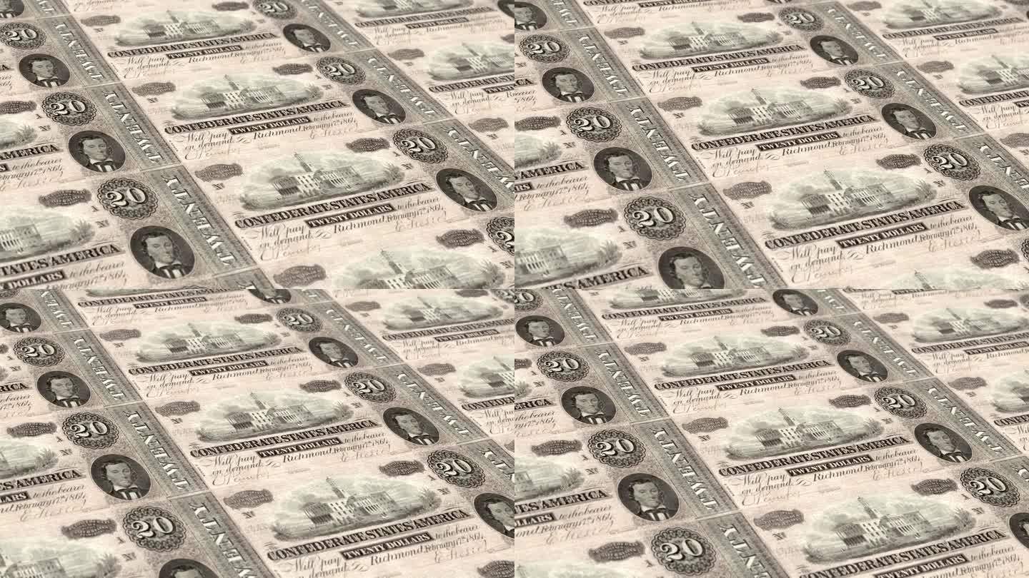 美利坚联盟国美利坚联盟国纸币印钞厂，印二十联邦元，印刷机印出联邦元，由货币印刷机印二十联邦元