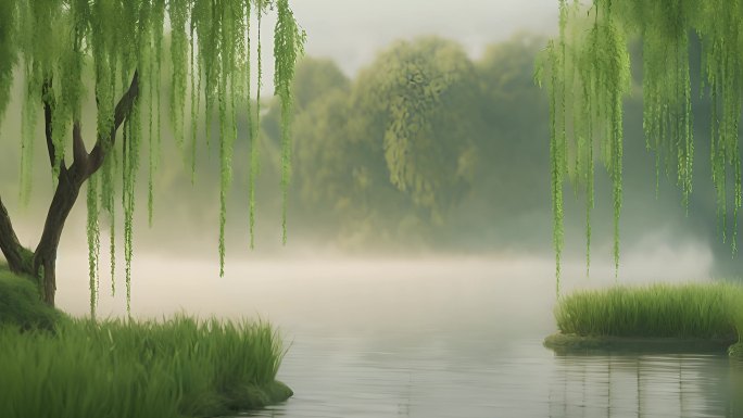 烟雨蒙蒙清明流水河流绿色春天立春