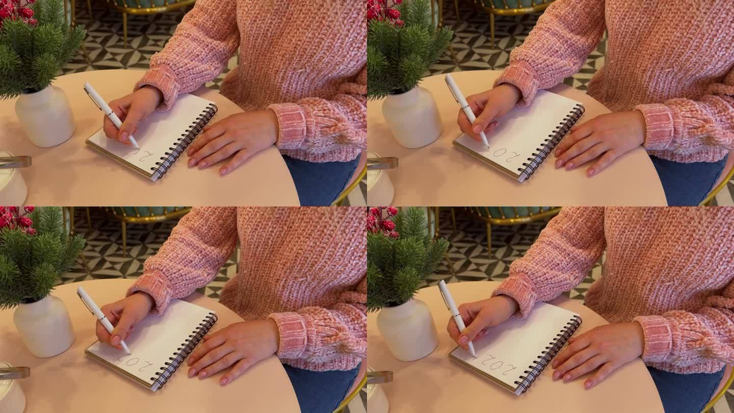 新年目标2025。女人用手在笔记本上写下目标清单。新年计划的概念。