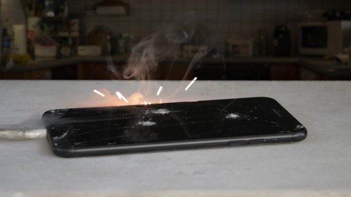 在给电池充电时，智能手机过热并着火，在房间模糊的背景下飞溅出火花和烟雾。