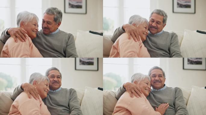 老两口，在婚姻中相依相拥，在退休后在家幸福相伴。舒适，关怀和与生活伴侣的联系，客厅里的人与信任和承诺