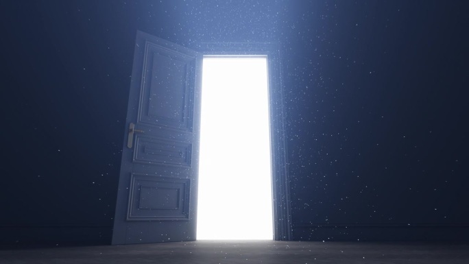 门打开明亮的光线空间与火花和光线。一扇通往另一个充满希望、自由和未来的光明空间的门。