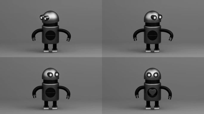 机器人情人卡。机器人与爱心美丽的3d渲染轻松合成到您自己的场景。机器人在黑白复古风格的背景