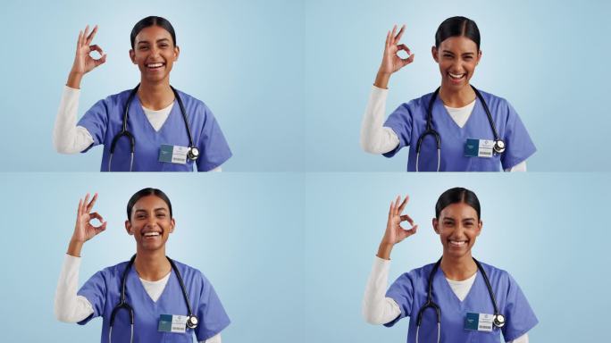 医生，女人和健康保健成功的手，支持和卓越的服务在蓝色背景。医务工作者、诊所护士或学生的笑脸，在工作室