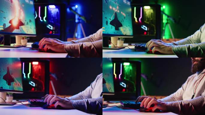 男子使用游戏RGB点燃鼠标在宇宙飞船上射击小行星飞行的电子游戏
