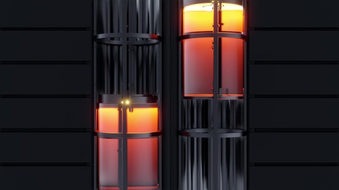 两个玻璃胶囊电梯，墙上有红灯，可以上下移动。逼真的3d动画。