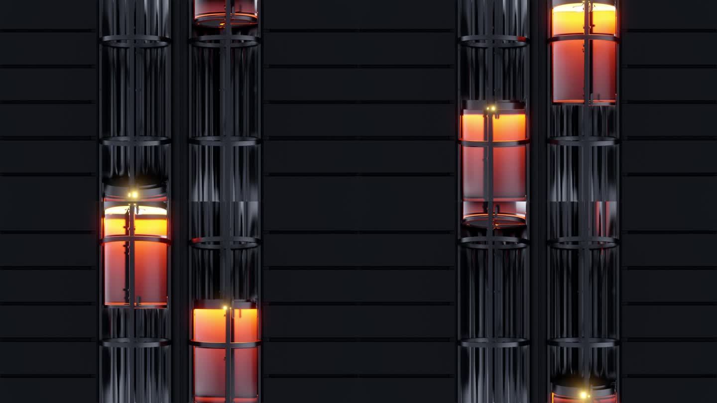 两个玻璃胶囊电梯，墙上有红灯，可以上下移动。逼真的3d动画。