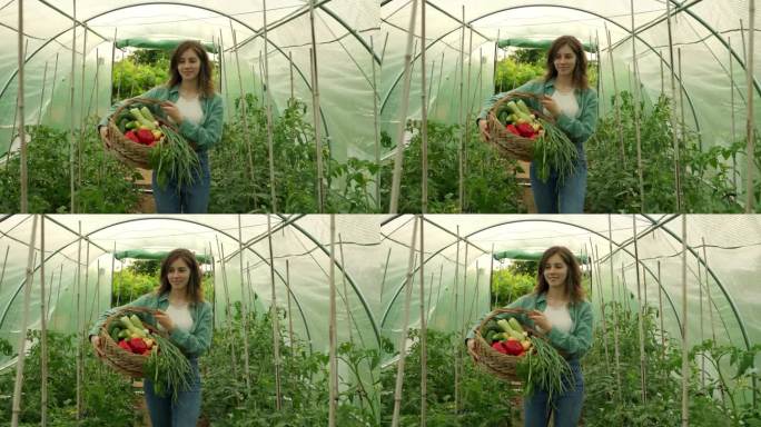 一名年轻女子提着一篮子蔬菜穿过隧道