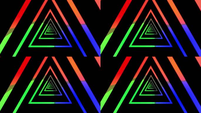 抽象背景与彩色霓虹灯三角形动画在一个黑色的背景。