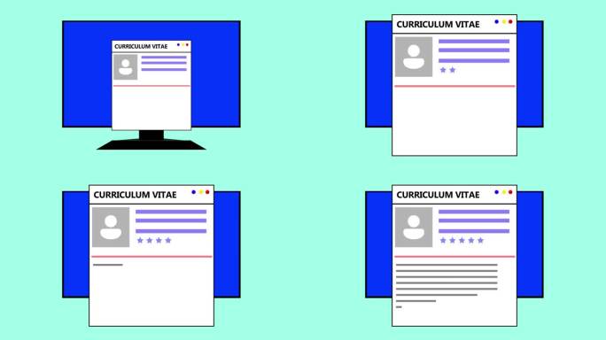 简历或简历在电脑屏幕上动画图标和技能等级图形。