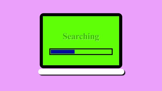笔记本电脑与搜索屏幕上的进度条动画在紫色的背景。