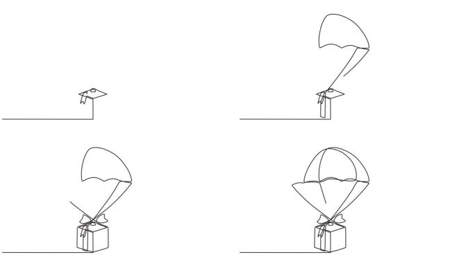 连续的一行动画。手绘动画动画元素的降落伞与纸板从空中跳下来。网上购物理念，交货快捷。4 k的视频
