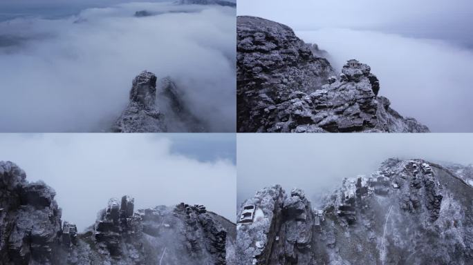 贵州梵净山山巅冬日雪景航拍，多机位多运镜