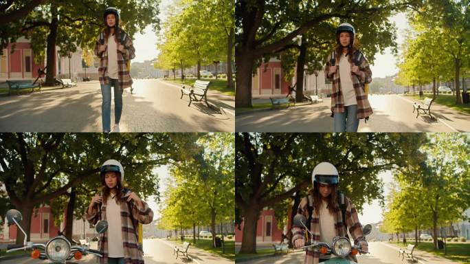 一个身穿格子衬衫和牛仔裤，头戴白色摩托车头盔的黑发女孩走近她的胜利，坐在上面，开始做快递员