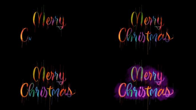 圣诞快乐明亮和丰富多彩的笔刷刻字标题在黑色背景上的水彩和油停止运动渲染。肮脏的纹理，墨水流动，滴水和