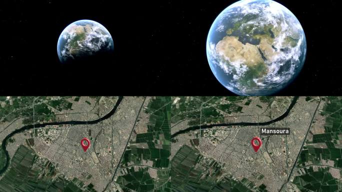 曼苏拉城市地图从太空到地球的缩放，埃及
