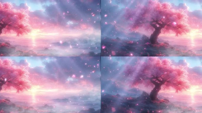 唯美月光桃树花瓣飘落 中国风仙境舞台背景