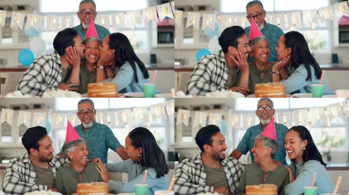 老年人家庭，生日聚会和妇女庆祝，亲吻和爱或支持退休在家庭厨房。跨种族的人，年迈的父母和快乐的女人或男