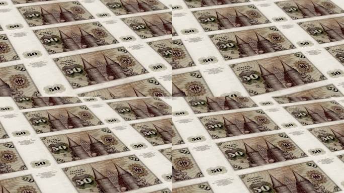 德国50德国马克纸币印钞厂，印制50德国马克，印刷机印刷出德国马克，由货币印刷机印刷50德国马克纸币
