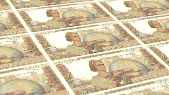 法国法郎10000钞票印钞厂，印刷一万法郎，印刷机印刷出法国法郎，由货币印刷机印刷10000法郎钞票