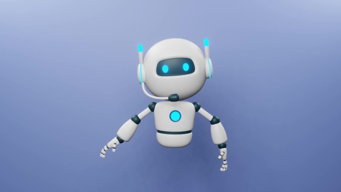 带耳机的人工智能聊天机器人以打招呼的方式挥手。人工智能智能机器人技术。3D渲染动画与可爱的角色。