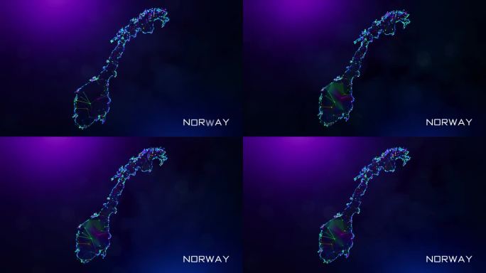 未来的甜蜜运动揭示挪威地图多边形蓝紫色彩色连接线点和面线框网络与朦胧的散景文字