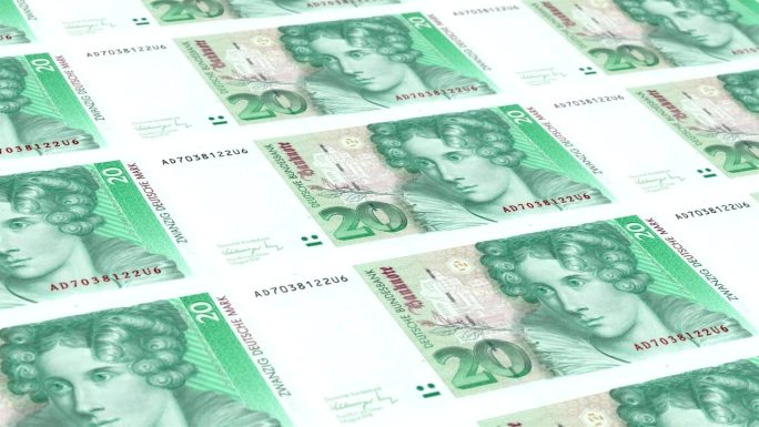 德国20德国马克钞票印钞厂，印20德国马克，印刷机印出德国马克，由货币印刷机印钞20德国马克钞票观察