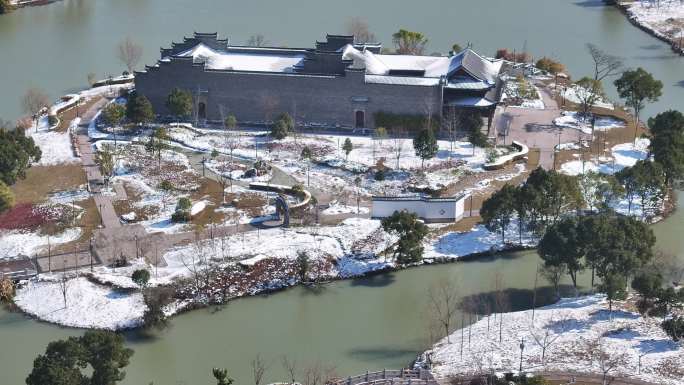 台州温岭九龙湖湿地公园雪景航拍